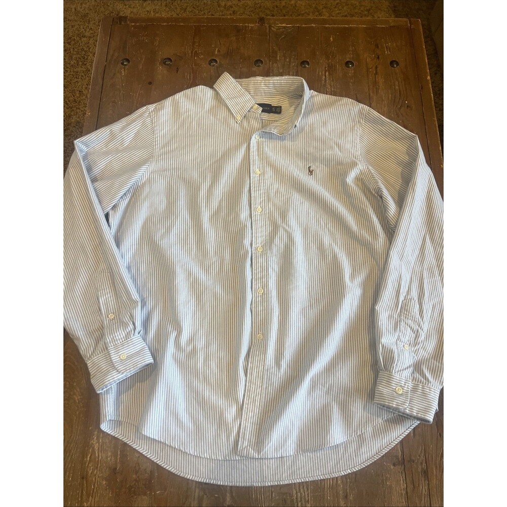Ralph Lauren Pinpoint Cotton Oxford Button Down White & Blue Pinstripes Mens XL